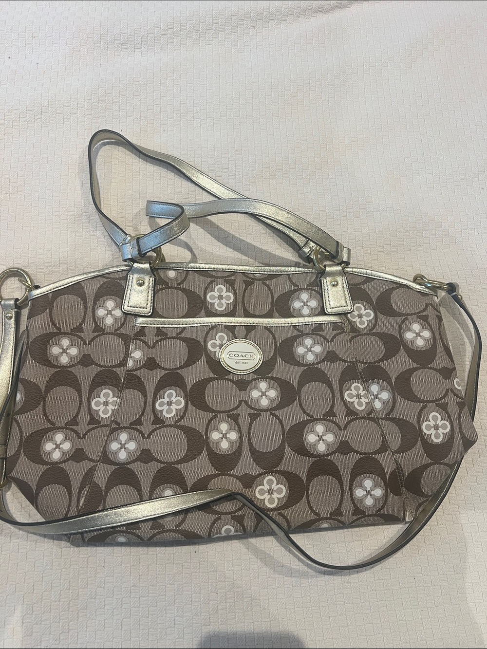 Coach Brown and Silver Signature Canvas Shoulder Bag
